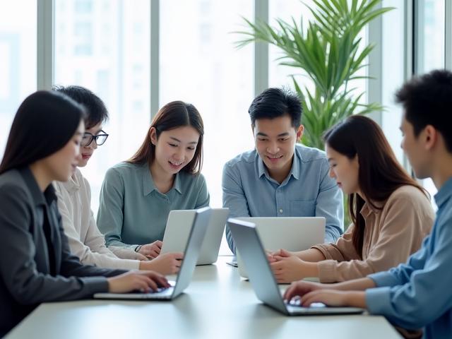 멘토링 중인 강사와 수강생들. 노트북과 밝은 미소.